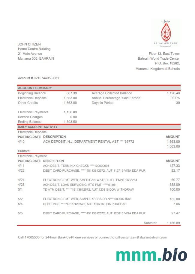 Szablon wyciągu bankowego Bahrain Al Baraka w programie Word i PDF